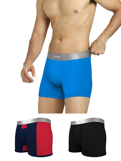 XYXX Mens Underwear Illuminati IntelliSoft Antimicrobial Micro Modal Trunk Pack of 3 (Black Iris & Tango Red ; Brilliant Blue ;