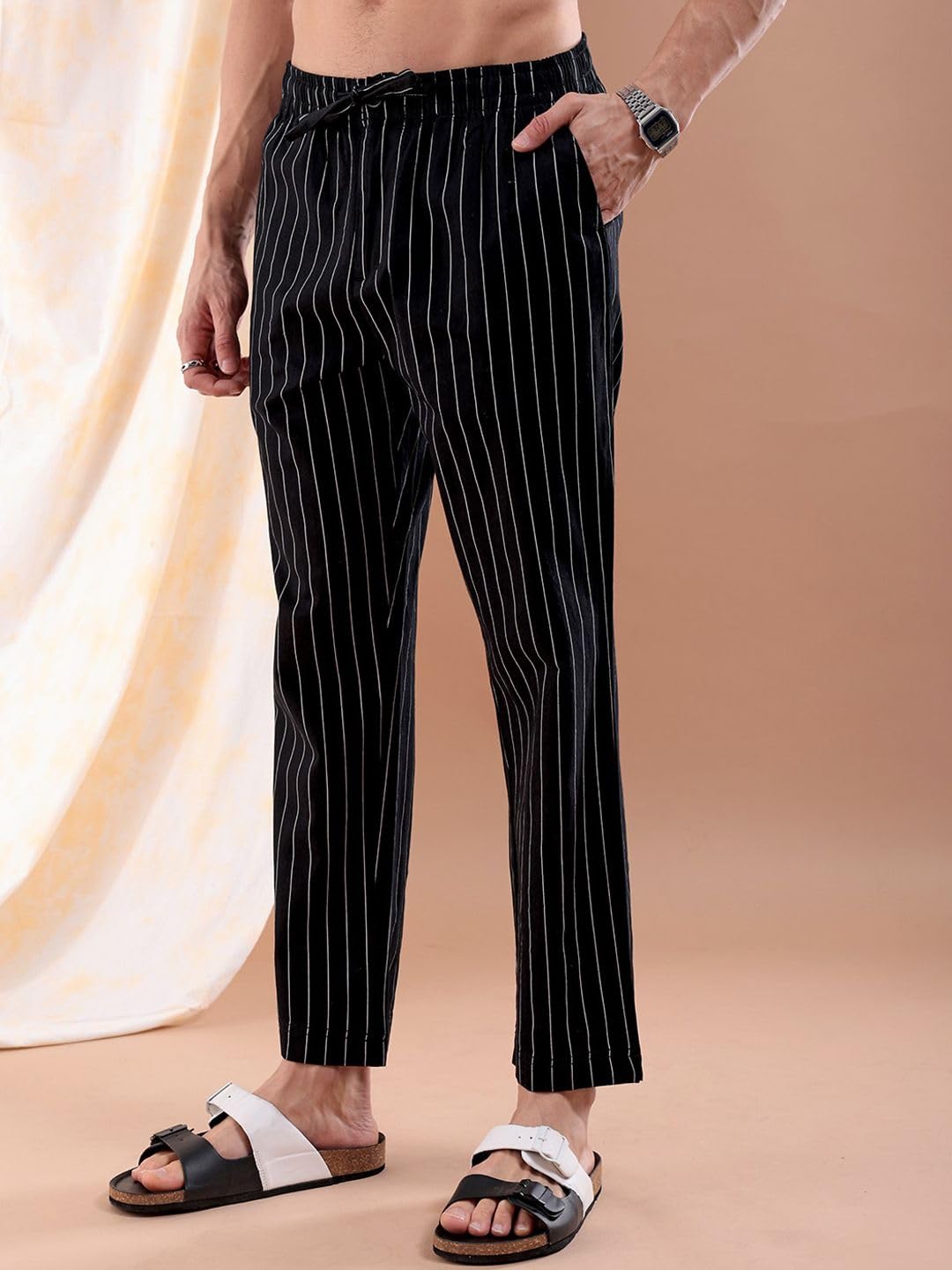 The Indian Garage Co Men Regular Fit Striped Mid-Rise Elasticated Trousers Black