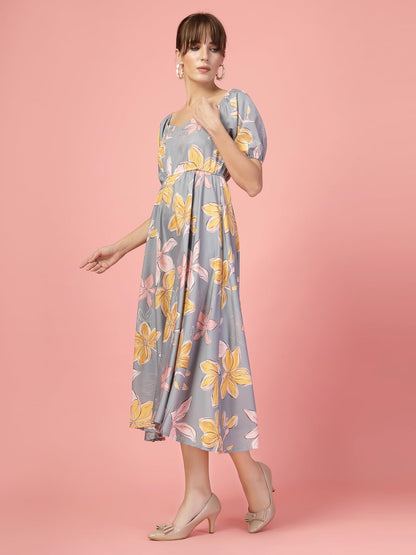 Oomph! Flared Dress For Women Stylish | Long One Piece For Women | Puff Sleeve Long Dress | Floral Print Maxi One Piece | Wester