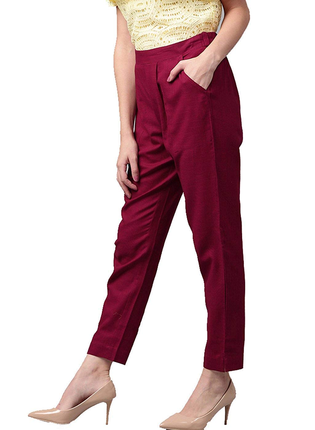 Digital Shopee Women Regular Fit Elastic Waist Full Length Cotton Formal Trouser For Casual Wear, Office Wear Maroon