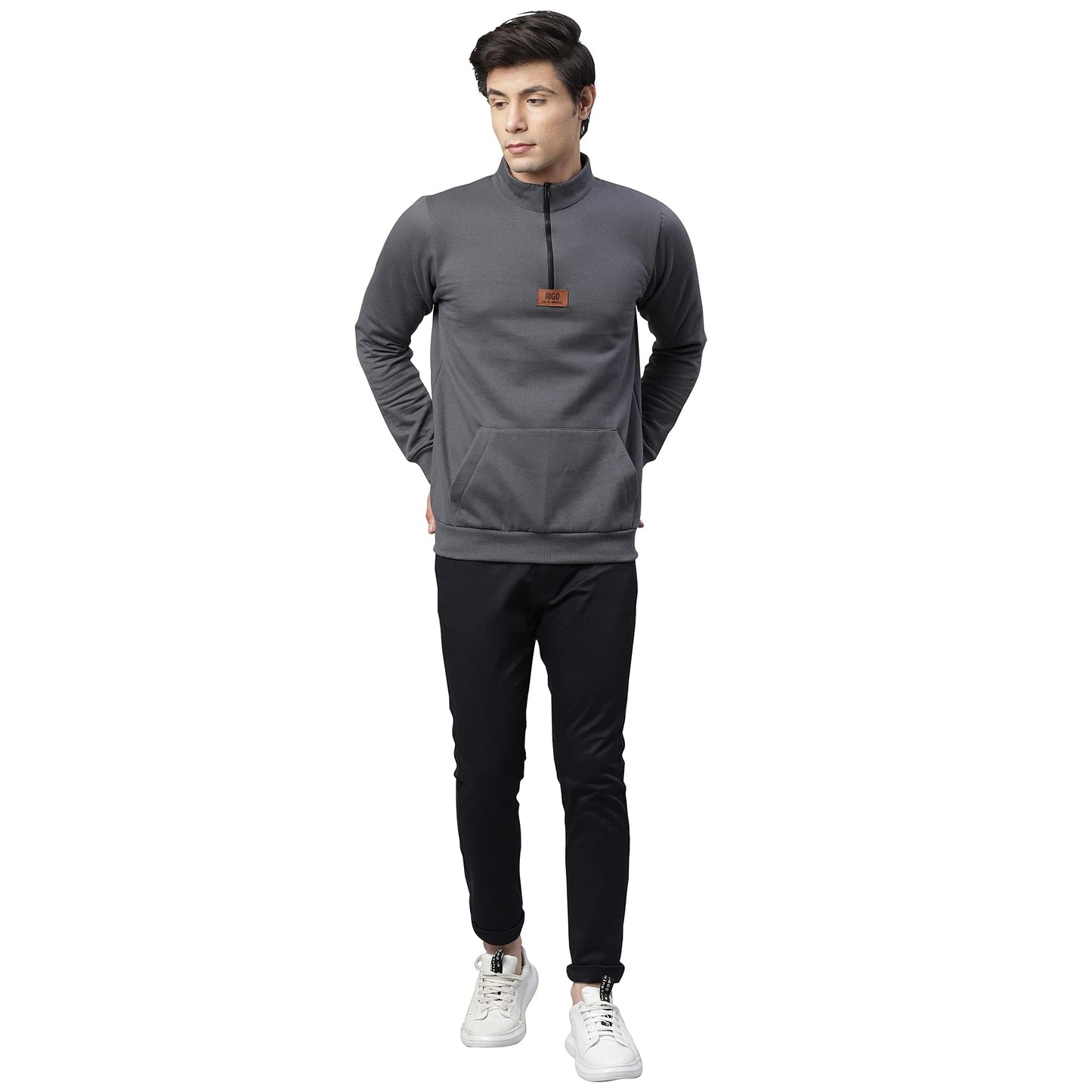 Rigo Mens Dark Grey Solid Full Sleeves High Neck Half-Zip Stand Collar Cotton Fleece Sweatshirt