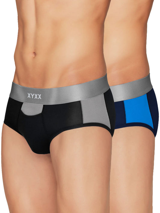 XYXX Mens Underwear Illuminati IntelliSoft Antimicrobial Micro Modal Brief Pack of 2 (Black Iris & Brilliant Blue;Black & Steel