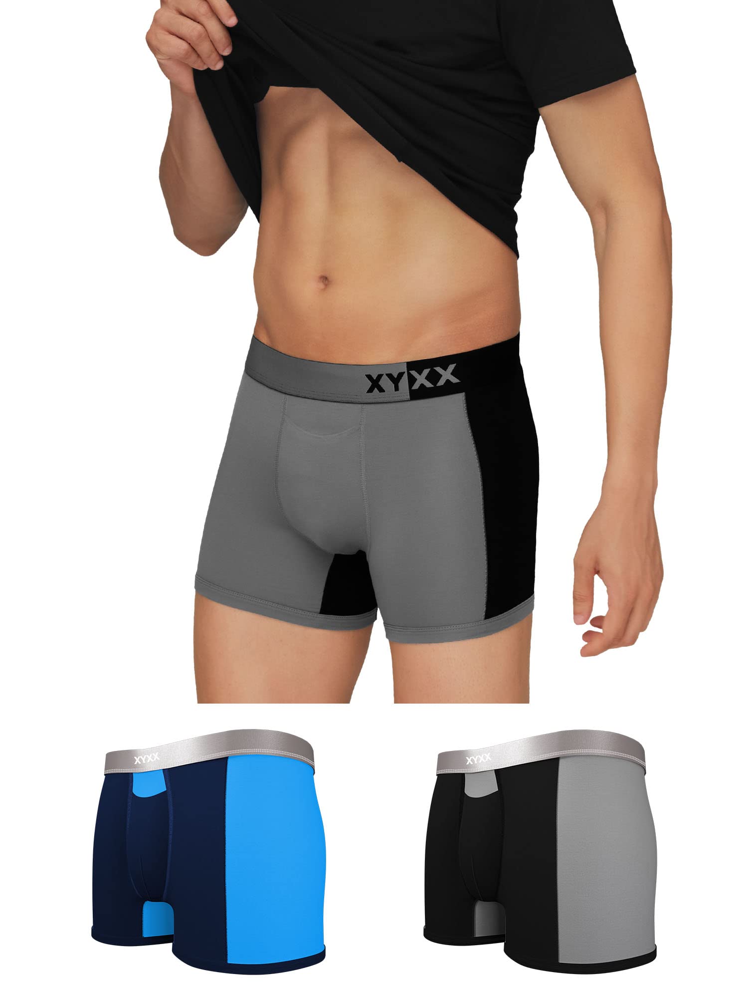 XYXX Mens Underwear Dualist IntelliSoft Antimicrobial Micro Modal Trunk Pack of 3 (Black & Steel Grey ; Black Iris & Brilliant