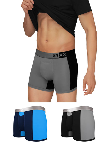 XYXX Mens Underwear Dualist IntelliSoft Antimicrobial Micro Modal Trunk Pack of 3 (Black & Steel Grey ; Black Iris & Brilliant
