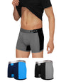 XYXX Mens Underwear Dualist IntelliSoft Antimicrobial Micro Modal Trunk Pack of 3 (Black & Steel Grey ; Black Iris & Brilliant
