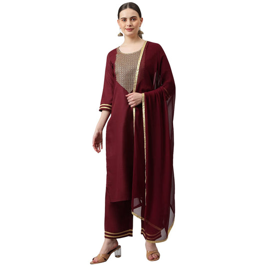 ANNI DESIGNER Women's Cotton Blend Straight Solid Kurta with Palazzo & Dupatta (Label-Nw)