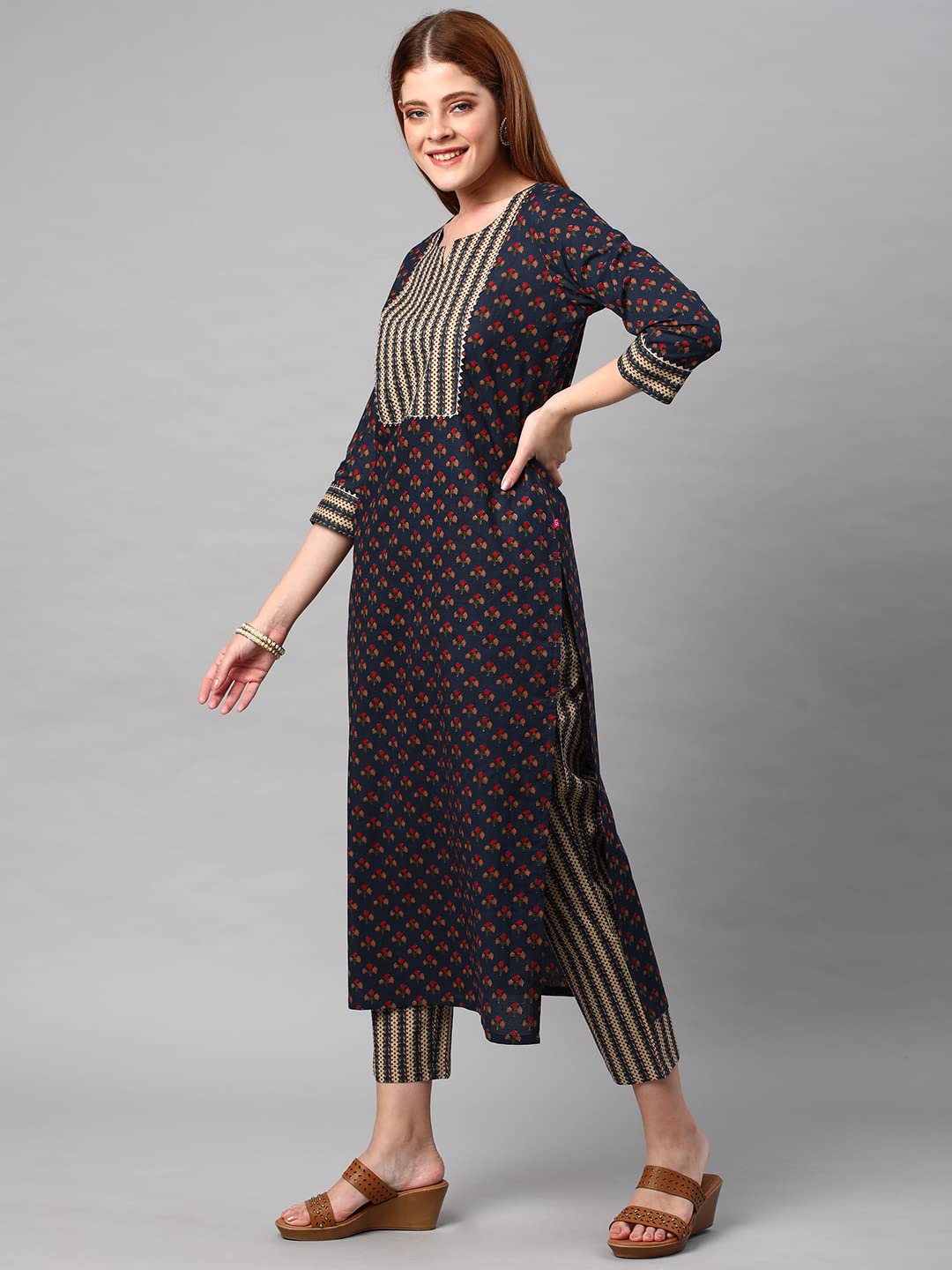 ANNI DESIGNER Women's Cotton Blend Printed Straight Kurta with Pant (Satku)
