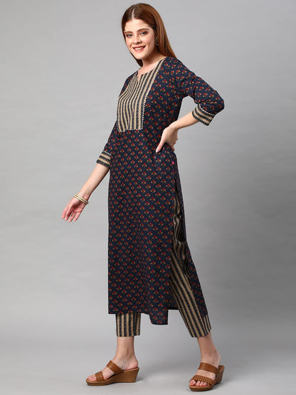 ANNI DESIGNER Women's Cotton Blend Printed Straight Kurta with Pant (Satku)
