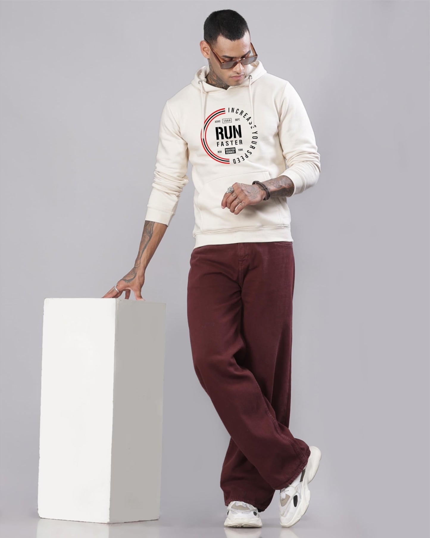 ADRO Men's Cotton Neck Hooded Sweatshirt (H24-FAST-WS_White Sand
