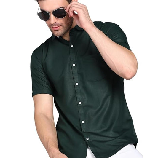 Mildin MenS Regular Cotton Blend Dark Green Slim Fit Solid Button Down Spread Collar Half Sleeve Curved Hemline Formal Shirt Wi