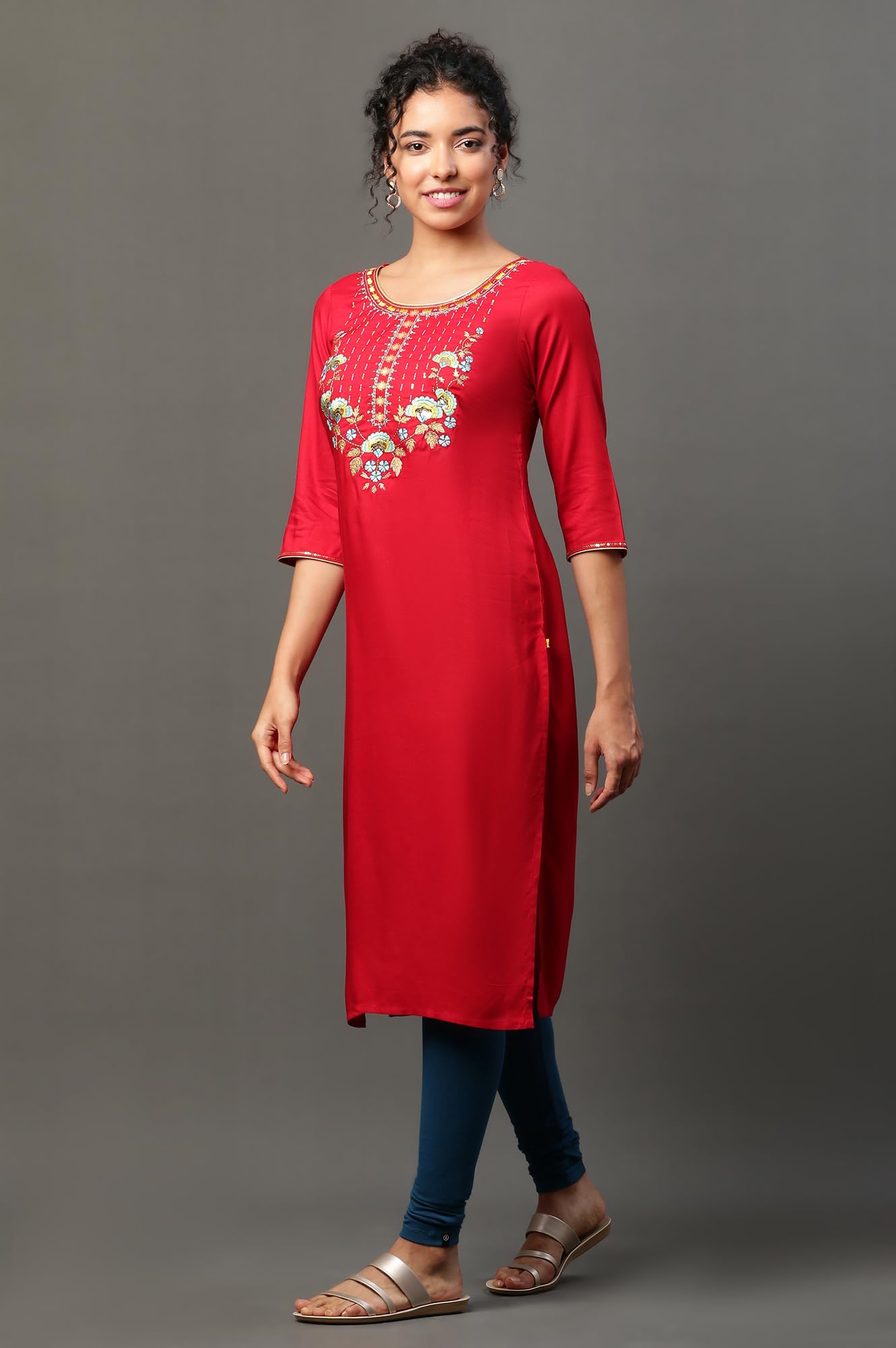 Aurelia WomenS Solid Zari Embriodery Straight Kurta | Lightweight Round Neck Kurta For Women | Solid Kurta For Women | Beautiful
