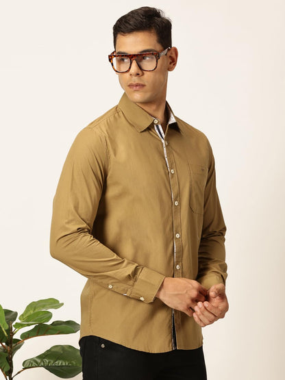 Thomas Scott 100% Cotton Long Sleeve Solid Regular Fit Casual Shirts for Mens Khaki