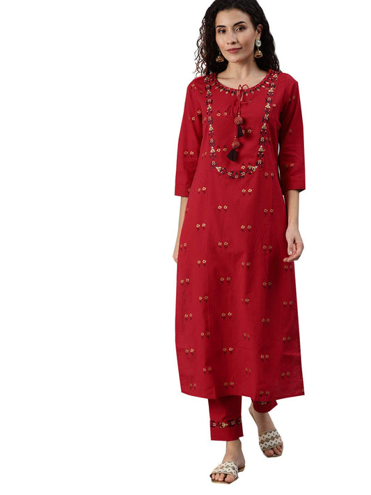 ishin Women's Pure Cotton Red Yoke Design A-Line Kurta With Trouser Set