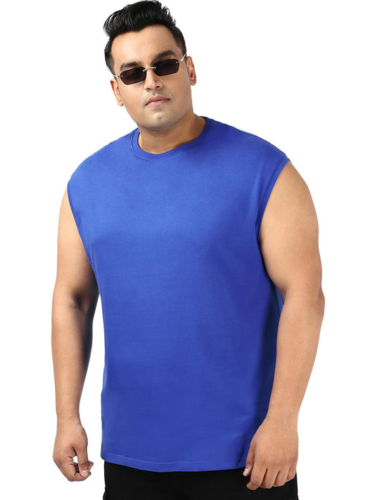 Bewakoof Plus MenS Solid Boxy Fit Sleeveless Round Neck Cotton Plus Size Vest_584355_Blue_4Xl