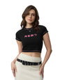 The Souled Store Crop Top: Hikari Women and Girls Short Sleeves Round Neck Black Printed Cotton Blend Slim Fit Cropped Tops