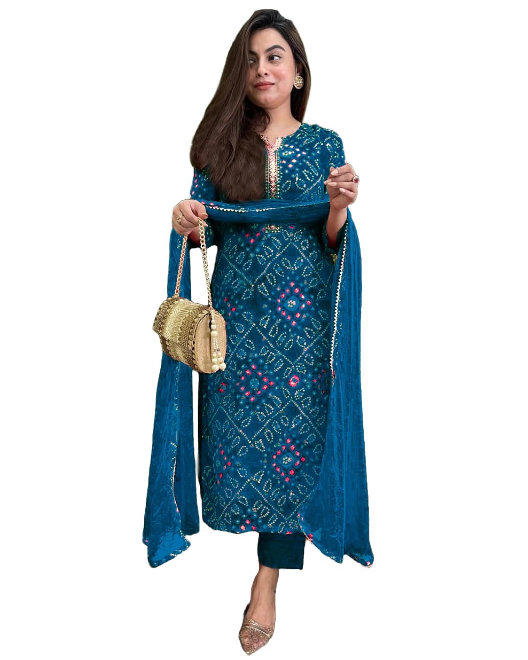 Gosriki WomenS Rayon Blend Straight Printed Kurta With Pant & Dupatta (Turae Cerosin-Vks01-Gs_M_Dark Blue_Medium)