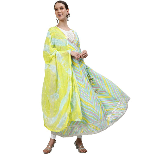 ishin Women's Cotton Regular Fit Chevron Print Embroide Ankle Length Anarkali Kurta Dress