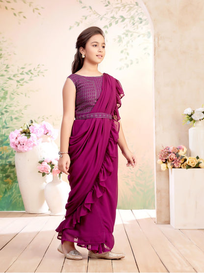 Aarika Girls Ethnic Wear Wine Colour Threat Embroidery Georgette Lehenga Saree With Attachable Dupatta-(3-13 Years)-(SR-26033-WI