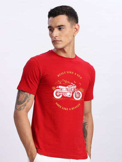 ADRO Men's Royal Bike Design Printed 100% Cotton T-Shirt - Regular Fit, Printed T-Shirts for Men (RN24-RYL-RD_Red)