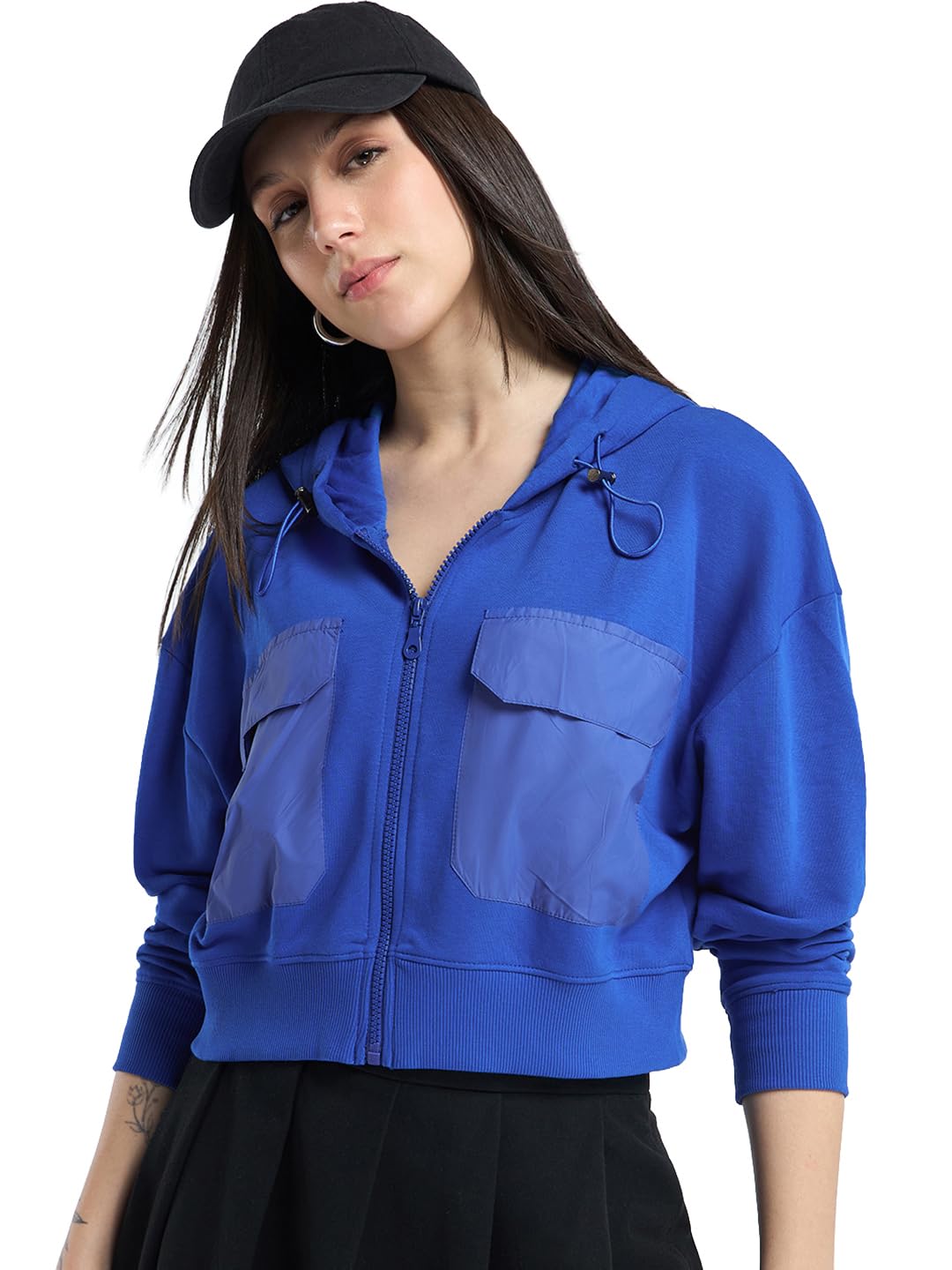 Bewakoof WomenS Solid Oversized Fit Full Sleeve Terry Cropped Hoodies_642133_Blue_S