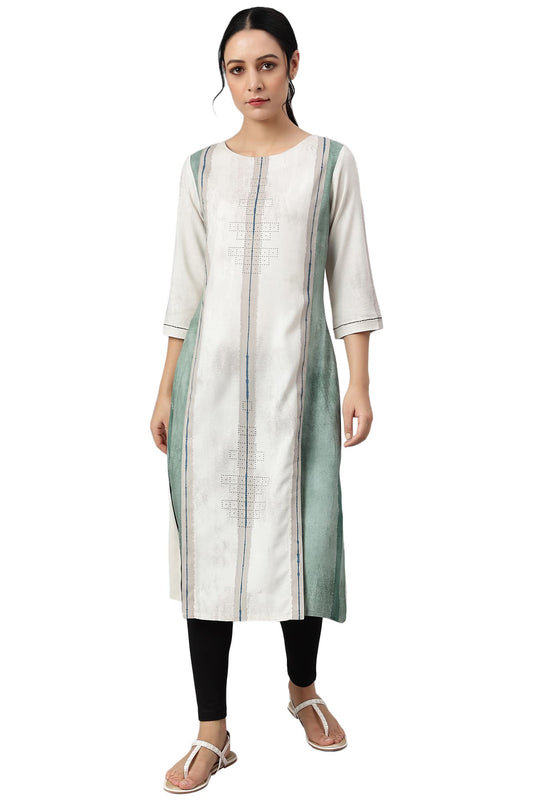 W for Woman Viscose Printed Round Neck A Line Kurta for Women