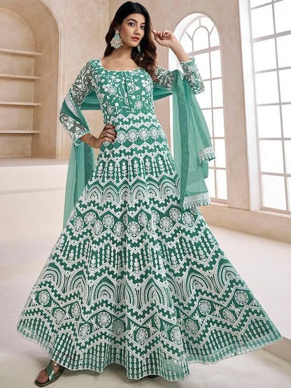PATLANI Womens Naylon Net Embroiered Full Stitched Gown with Dupatta. Green