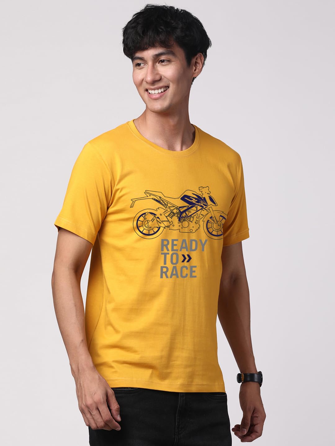 ADRO Men's Biker Design Printed 100% Cotton T-Shirt - Regular Fit, Printed T-Shirts for Men (RN24-KTM-MU_Mustard)
