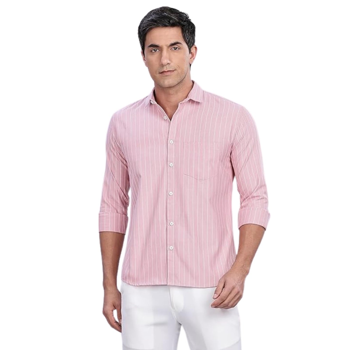 Mildin MenS Dusty Pink Pure Cotton Full Sleeve Spread Collar Regular Fit Striped Printed Formal Shirt With Patch Pocket (Dusty