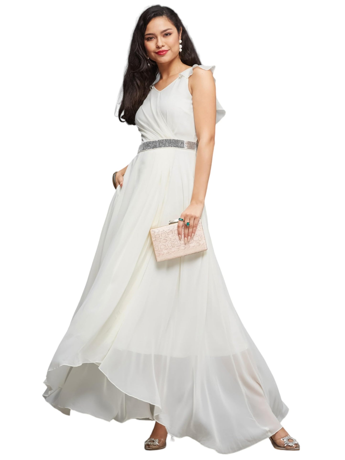 Miss Chase WomenS V-Neck Ruffled Sleeve Solid Embellished Maxi Dress With Pockets (Mcaw21D06-17-114-03, Off-White, S)