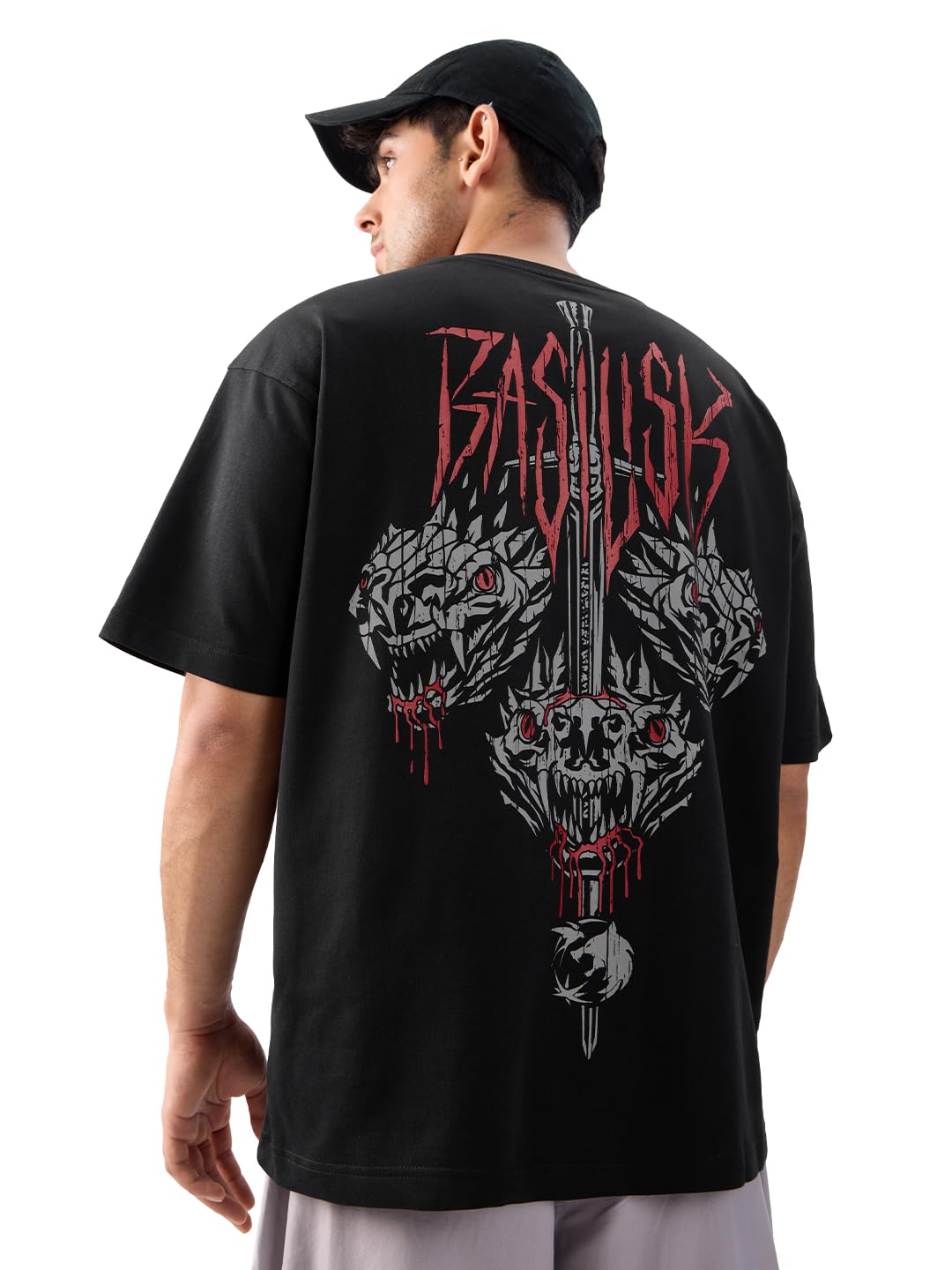 The Souled Store Official The Witcher: Basilisk Men and Boys Short Sleeves Round Neck Black Graphic Printed Cotton Oversized T-S