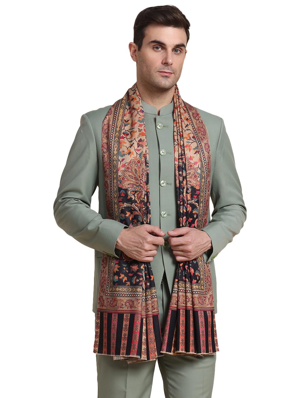 Weavers Villa Mens Acro Wool Blend Printed Shawl - Handloom Paisley Design - Stoles for Men - Gents Shawls - Soft & Warm Wrap -