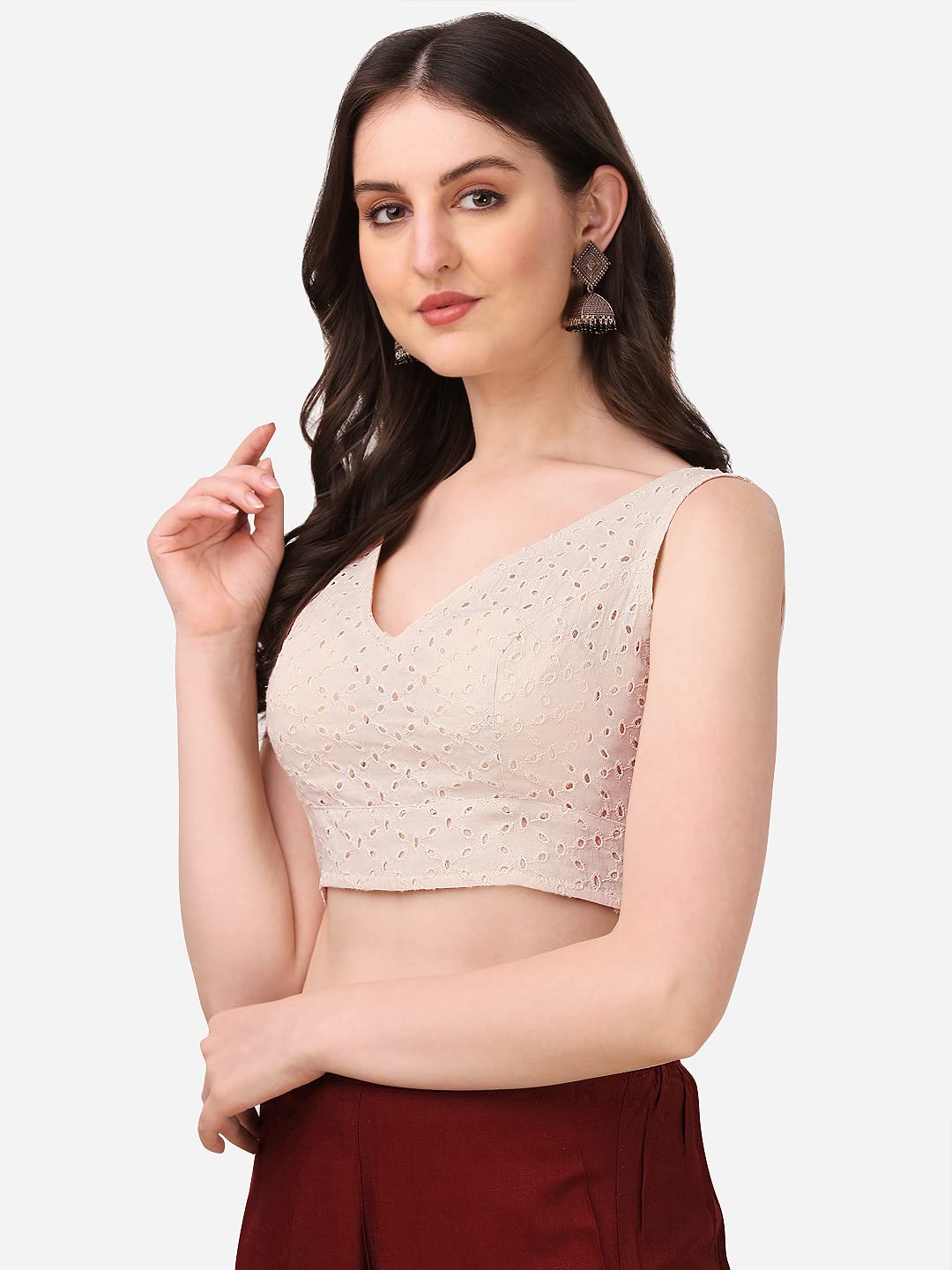 OOMPH! Womens Indian Ethnic Wear Designer Leaf Pattern V Neck Sleeveless Cotton White Blouse for Saree or Lehnga and BlousePala