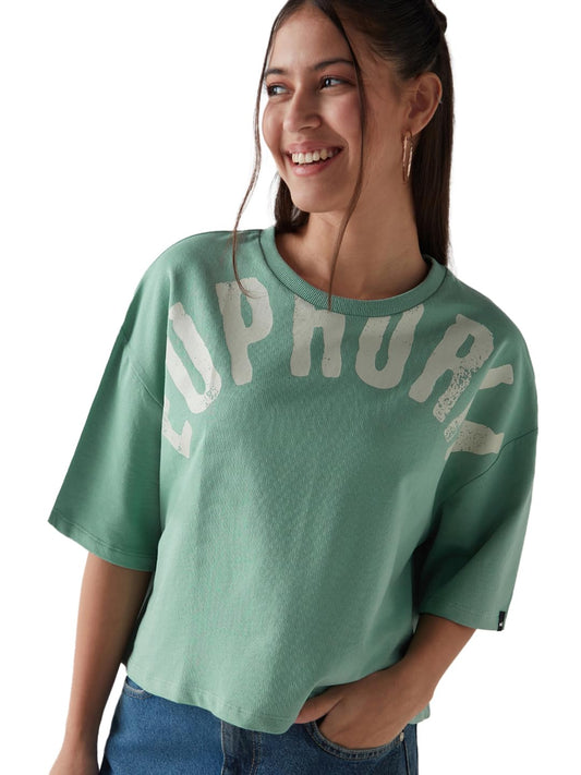 Bewakoof Womens Graphic Printed Oversized Fit Half Sleeve Round Neck Terry Short Top_637476_Green_XL