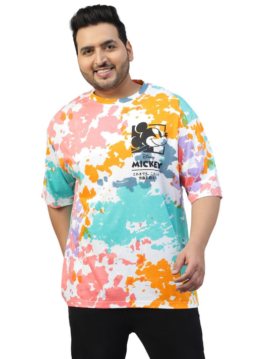 Veirdo Mens 100% Cottonofficical Disney Merchandise Mickey Mouse Printed Oversized Drop Shoulder Tie Dye T-Shirt