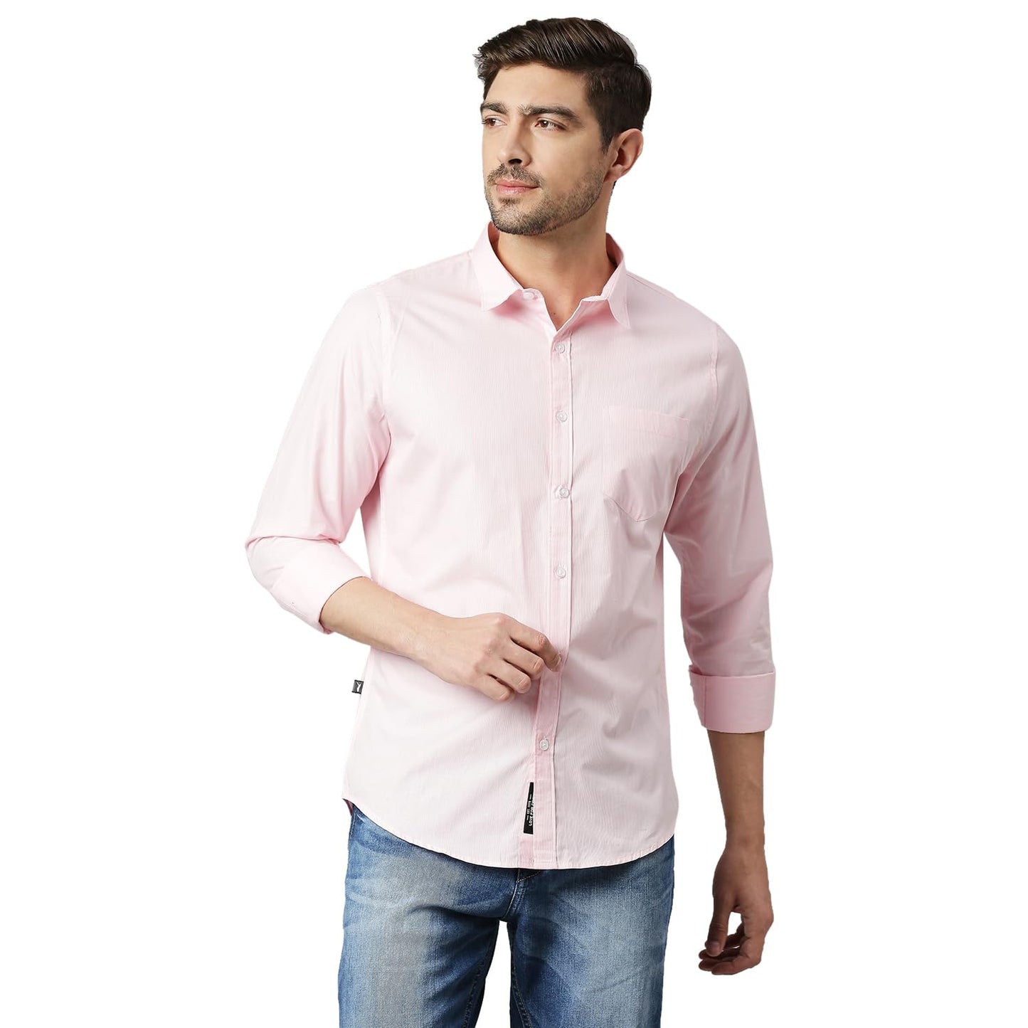 Thomas Scott Mens Solid Slim Fit 100% Cotton Casual Shirt with Spread Collar and Long Sleeve Pink