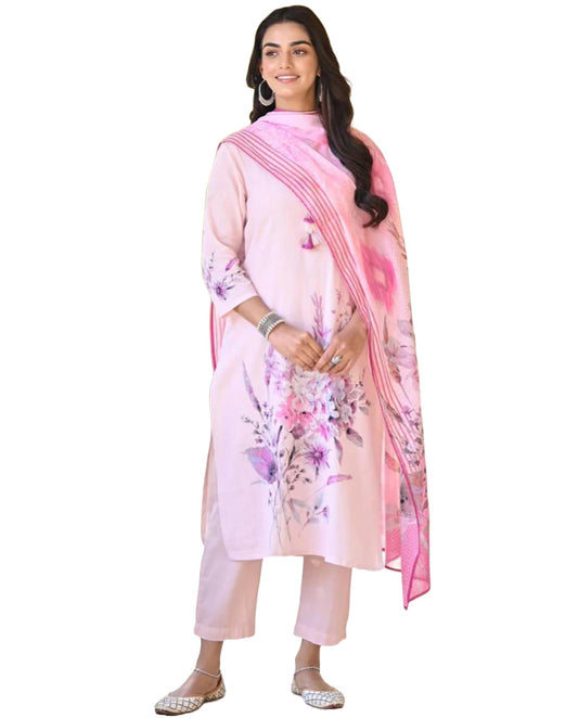 Gosriki WomenS Cotton Blend Printed Straight Kurta With Pant & Dupatta (Durjan Pink-Gs_M_Pink_Medium)
