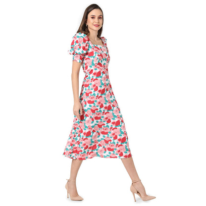 Campus Sutra Women White & Pink Floral Printed Knee Length Casual Dress(Ssmr22_Csw-Aw-Dr4085)