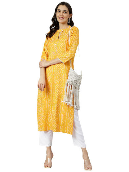 Anni Designer WomenS Cotton Blend Straight Bandhi Printed Kurta (Bandhu Yellow_Xxl_Yellow_Xx-Large)