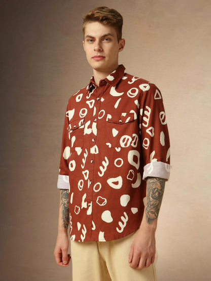 Dennis Lingo Men Rust Abstract Print Relaxed Fit Full Sleeve Spread Collar Shirts