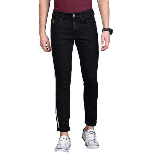Campus Sutra Mens Black Tapered Side Striped Denim Jeans | Stretchable Cotton Mid-Rise Denim Jeans Crafted with Comfort Fit and