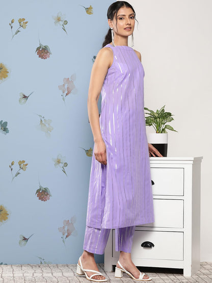 Varanga Women Lavender Lurex Kurta Set With Halter Neck