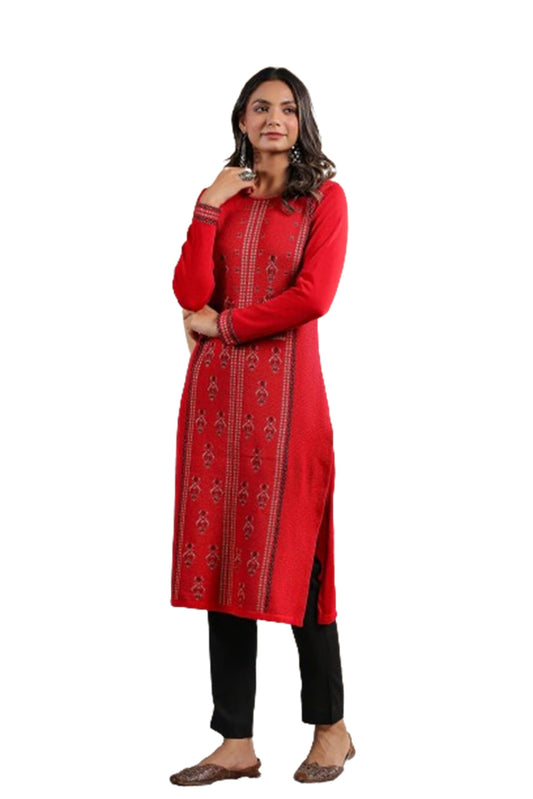 ishin Women's Red Jacquard Style Ethnic Motifs Straight Winterwear Kurta
