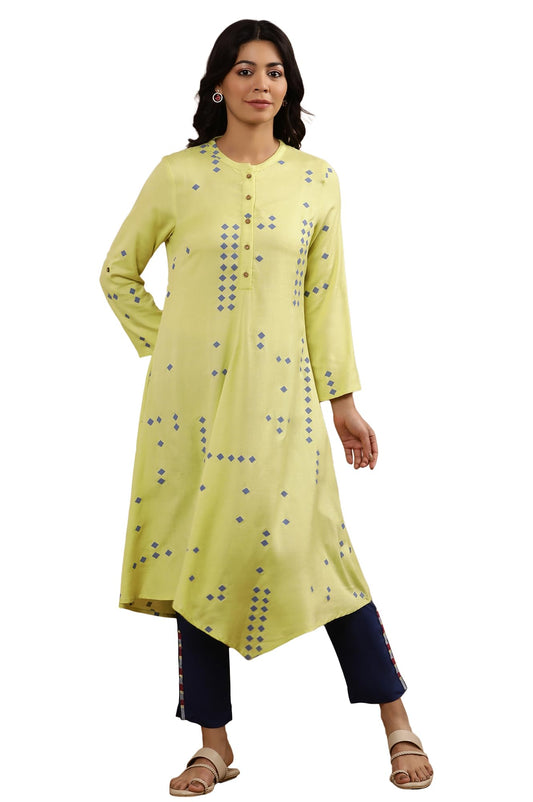 W for Woman W Women Green Geometric Print Rayon Flared Kurta set with Slim Pant