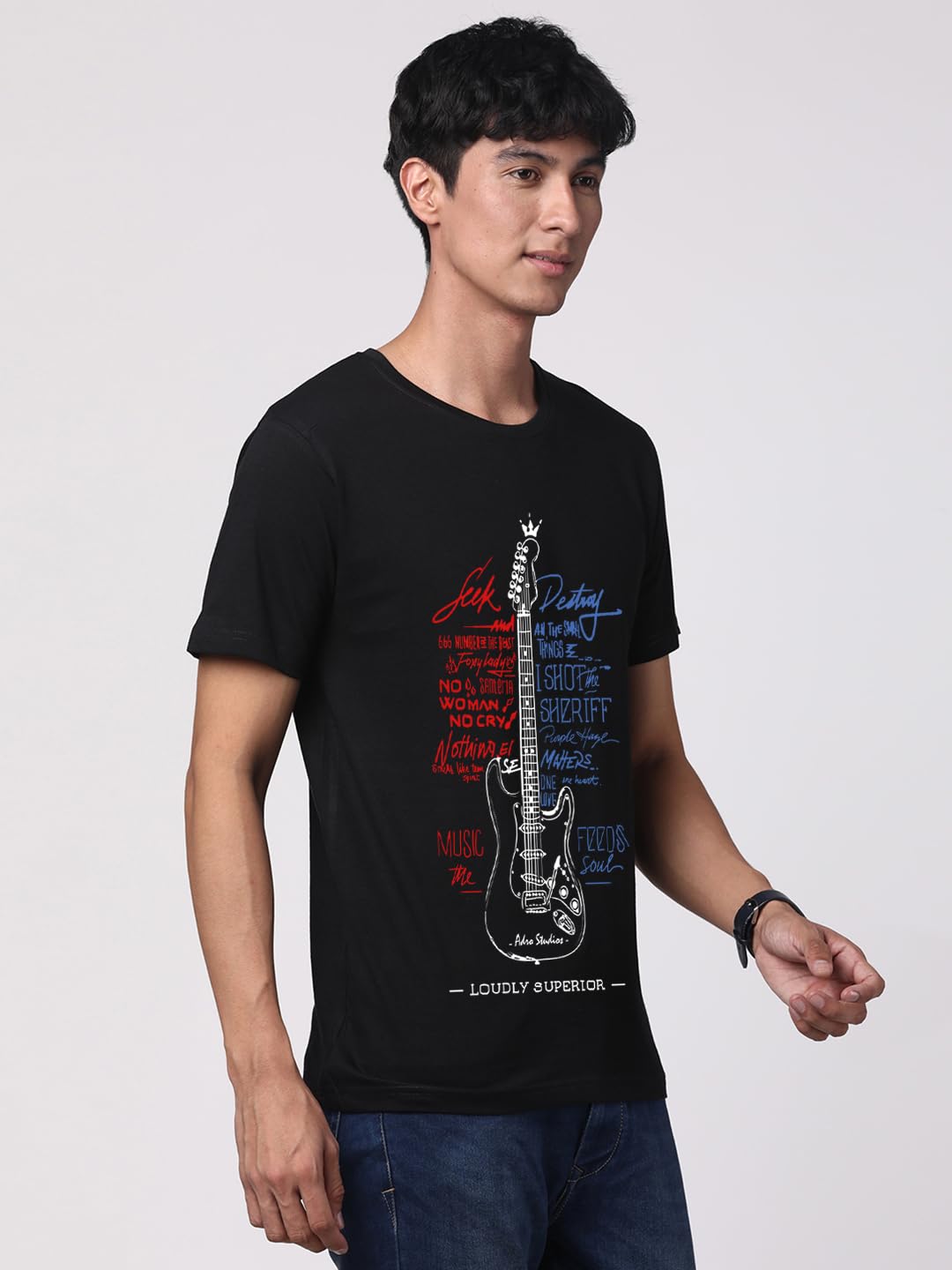 ADRO Guitar Design Printed T-Shirt for Men - 100% Cotton, Regular Fit, Soft Breathable Fabric. (RN23-M-GTR-BL_Black)