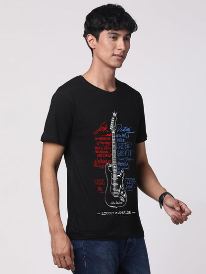 ADRO Guitar Design Printed T-Shirt for Men - 100% Cotton, Regular Fit, Soft Breathable Fabric. (RN23-M-GTR-BL_Black)