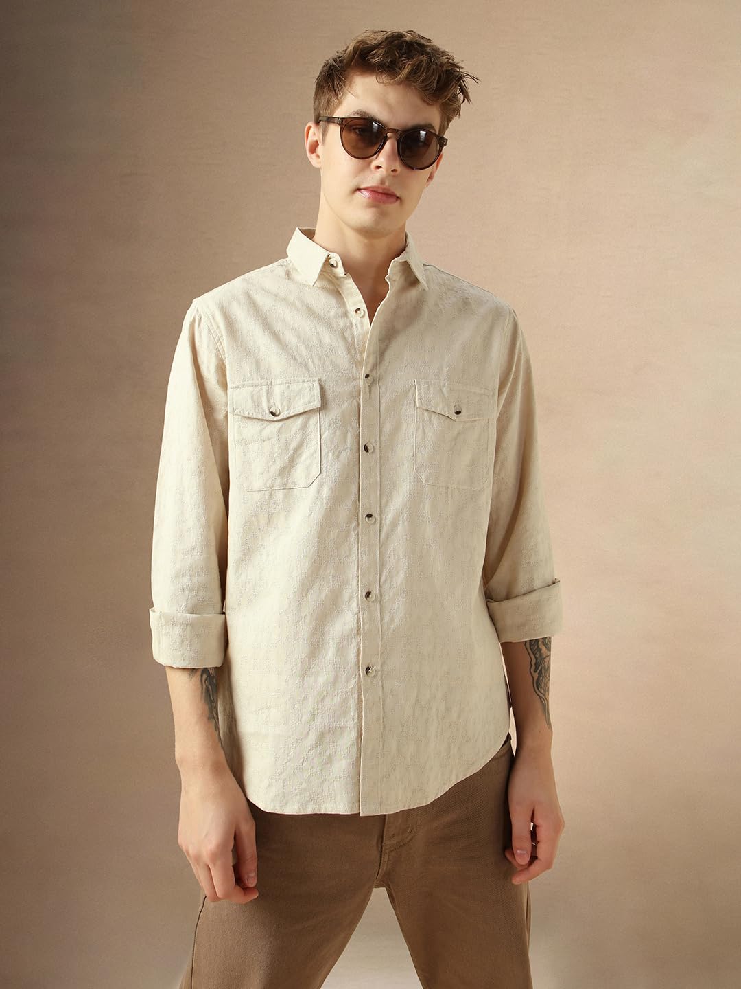 Dennis Lingo MenS Beige Cotton Spread Collar Long Sleeves Solid Shirts