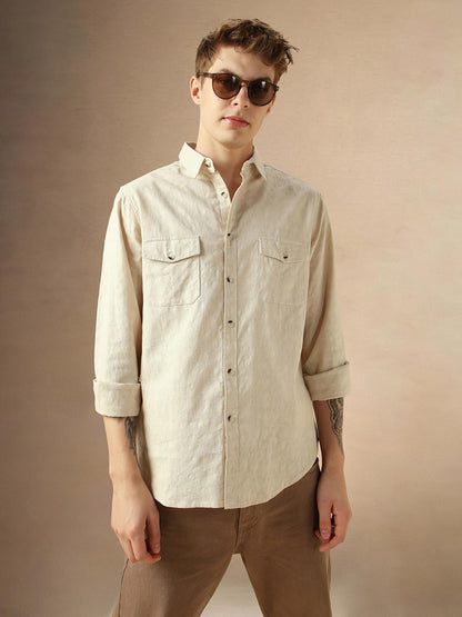 Dennis Lingo MenS Beige Cotton Spread Collar Long Sleeves Solid Shirts