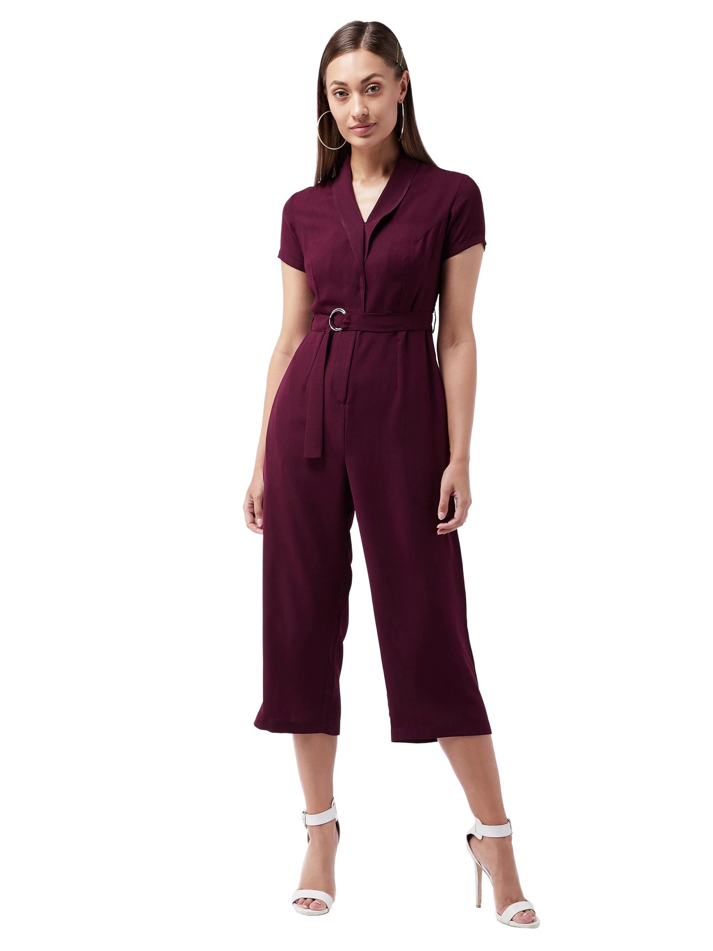 Miss Chase Womens Shawl Collar Half Sleeve Straight Leg Regular Jumpsuit (MCSS24D97-42-70-05, Purple, L)