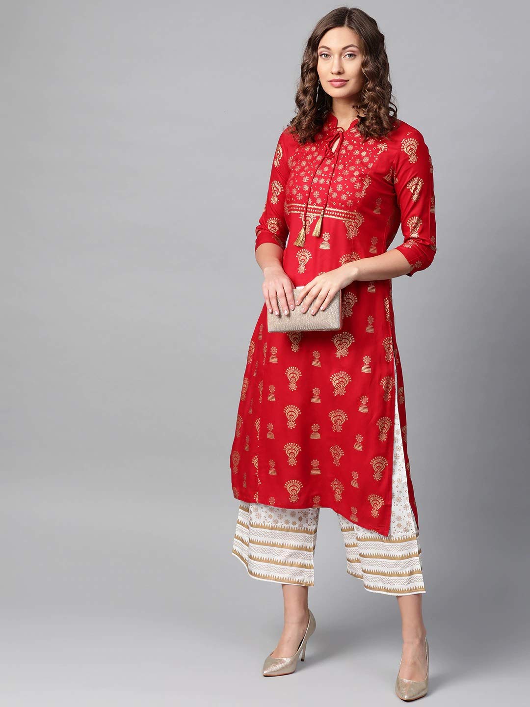ANNI DESIGNER Women's Golden Print Straight Kurta with Palazzo (Black,L)
