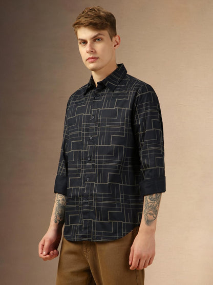 Dennis Lingo MenS Blue Full Sleeve Spread Collar Printed Regular Fit Casual Shirt